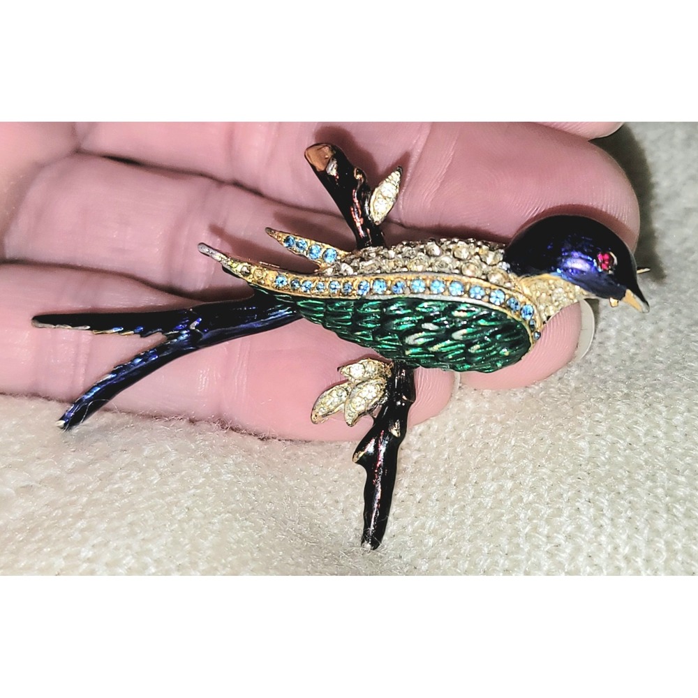 Vintage Collectible Sphinx of London Bird Brooch Gold Plate Enamel Rhinestones